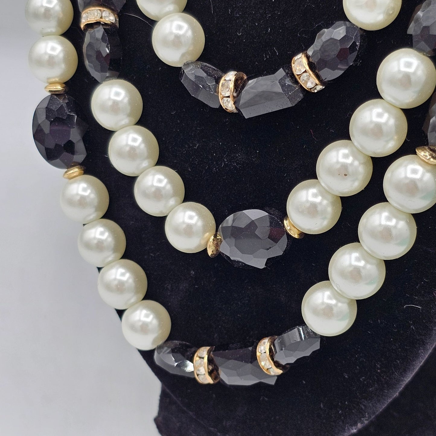 Monet Vintage Multi 3 Stranded Layered Faux Pearl Black Beaded Necklace Gold