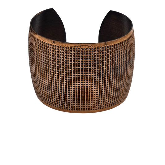 Textured Grid Solid Copper Wide Open Cuff Chunky Bracelet Adjustable