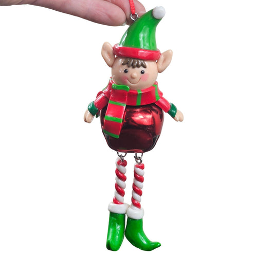 Christmas Elf Ornament Metal Bell Red Green Striped Scarf Holiday Dangling Legs