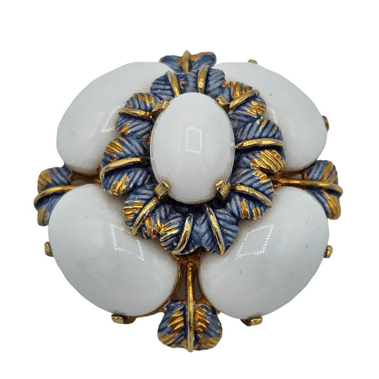 Vintage Gold-Tone Brooch With White Milk Glass Blue Enamel By Cadoro Rare