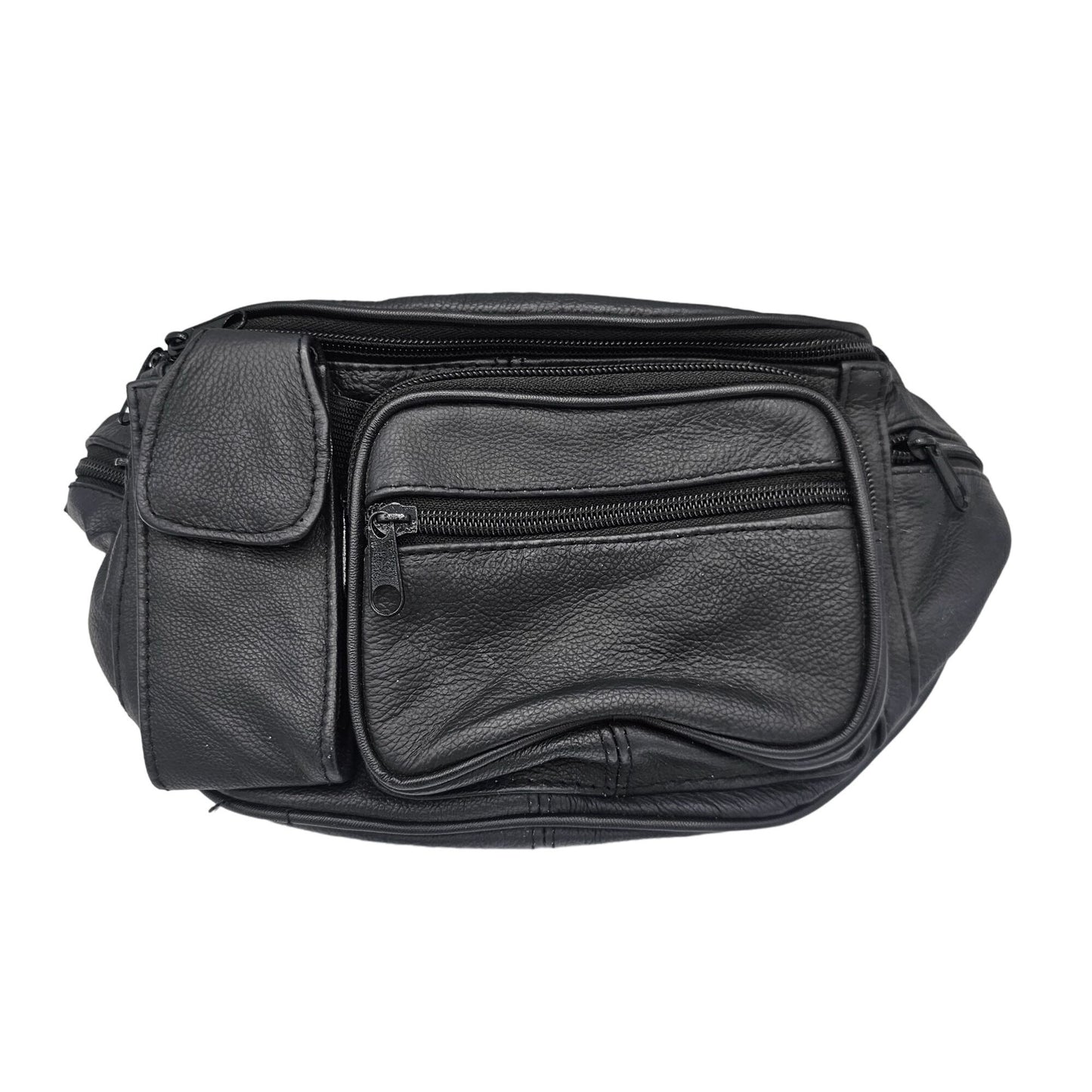 Black Leather Waist Bag With Multiple Zippered Pockets & Adjustable Strap