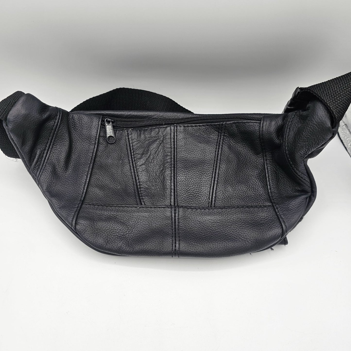 Black Leather Waist Bag With Multiple Zippered Pockets & Adjustable Strap