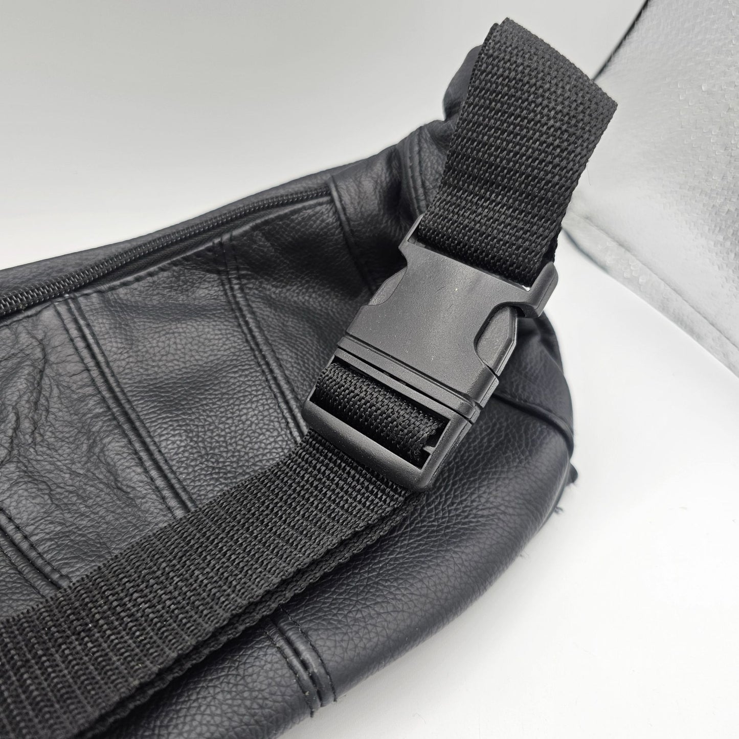 Black Leather Waist Bag With Multiple Zippered Pockets & Adjustable Strap