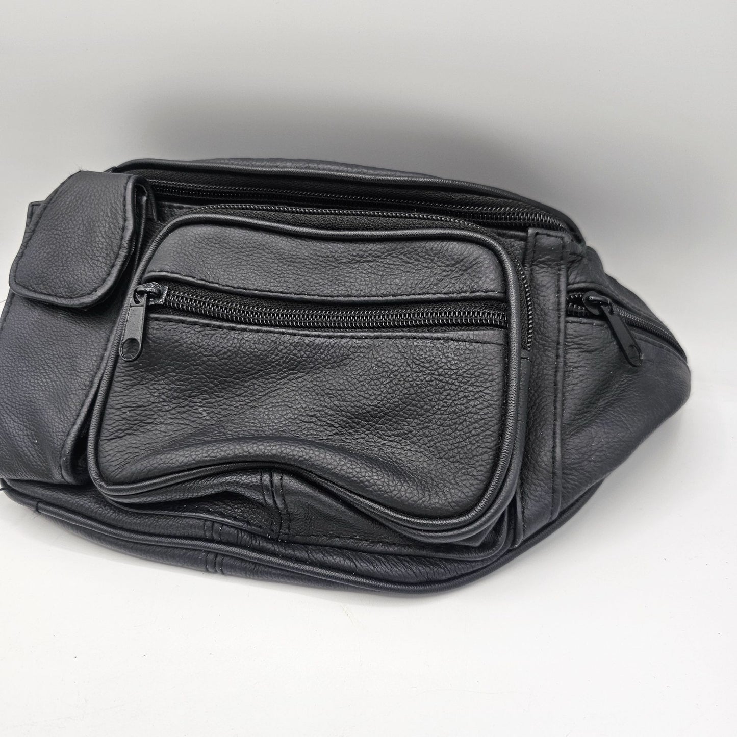 Black Leather Waist Bag With Multiple Zippered Pockets & Adjustable Strap