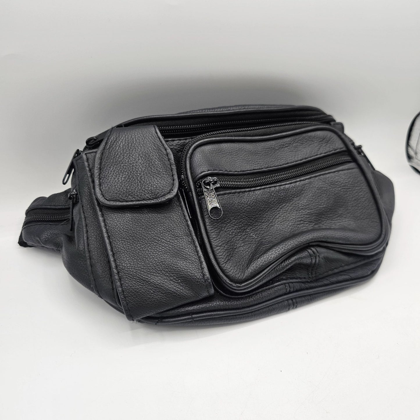 Black Leather Waist Bag With Multiple Zippered Pockets & Adjustable Strap