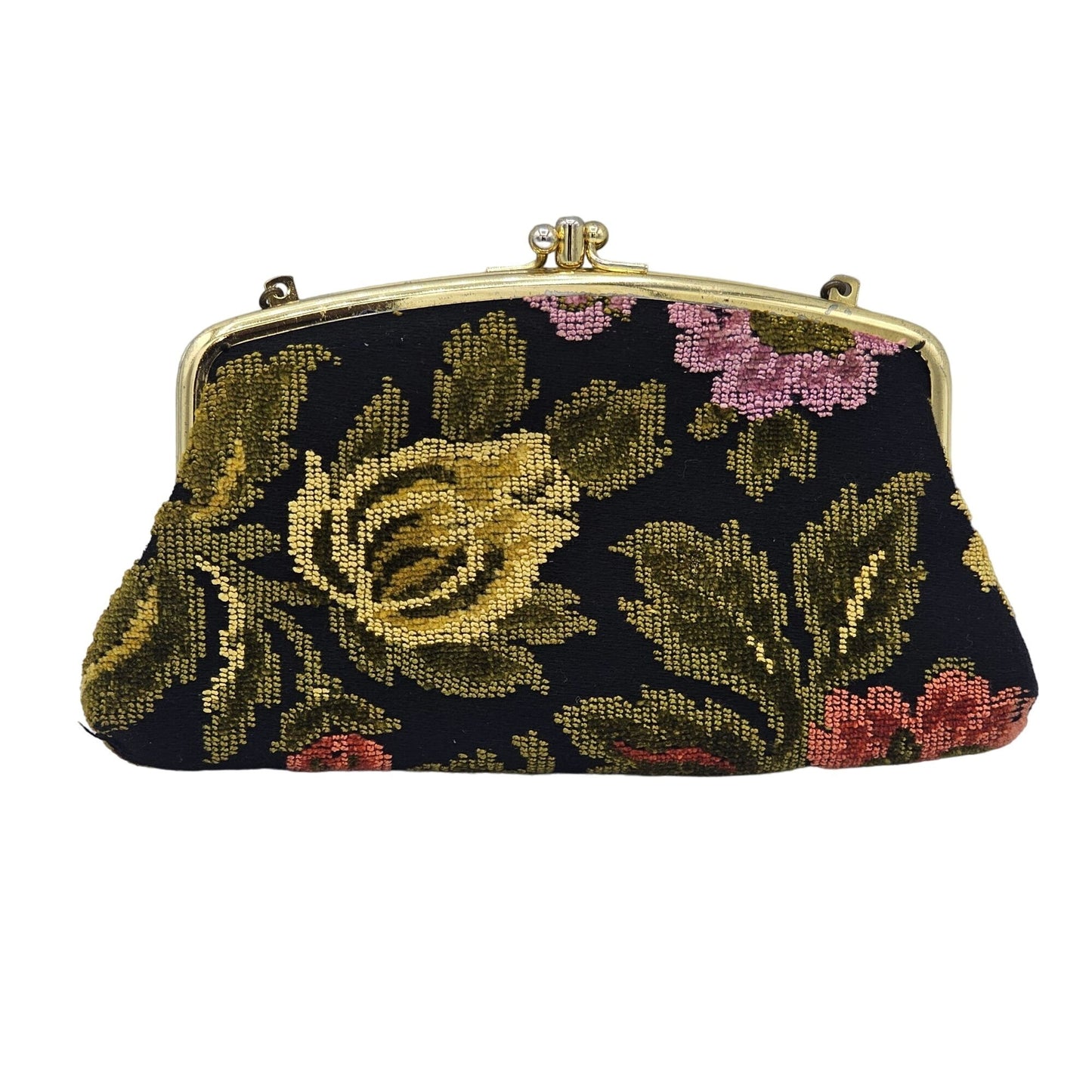 Vintage Black Embroidered Floral Tapestry Clutch Purse With Chain Strap