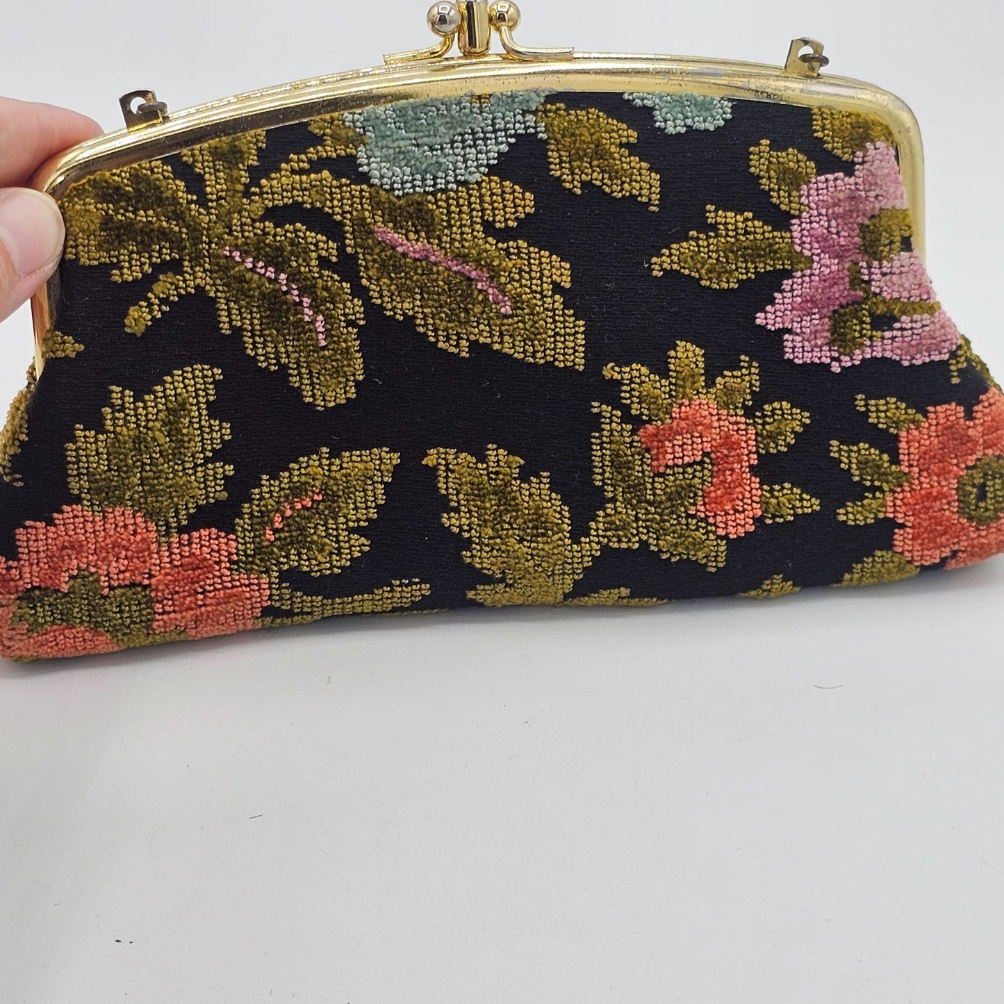 Vintage Black Embroidered Floral Tapestry Clutch Purse With Chain Strap