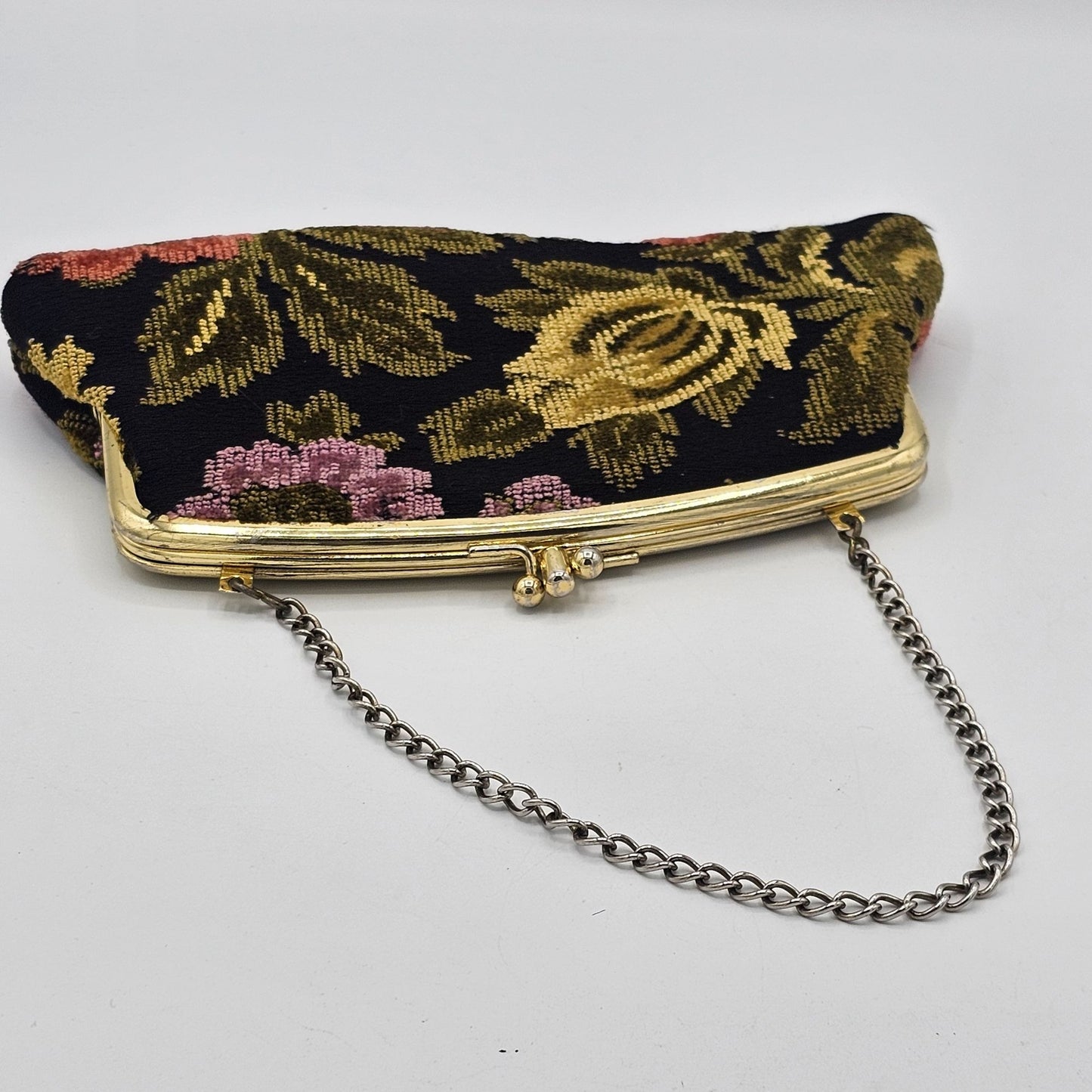 Vintage Black Embroidered Floral Tapestry Clutch Purse With Chain Strap