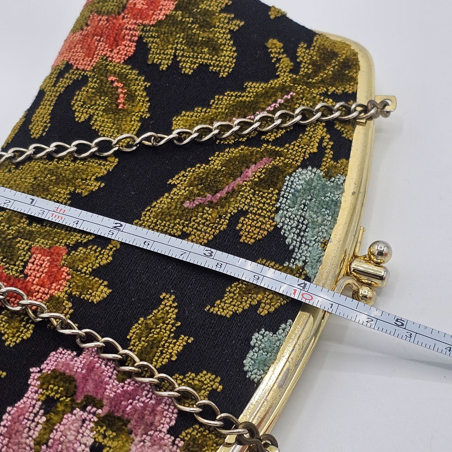 Vintage Black Embroidered Floral Tapestry Clutch Purse With Chain Strap