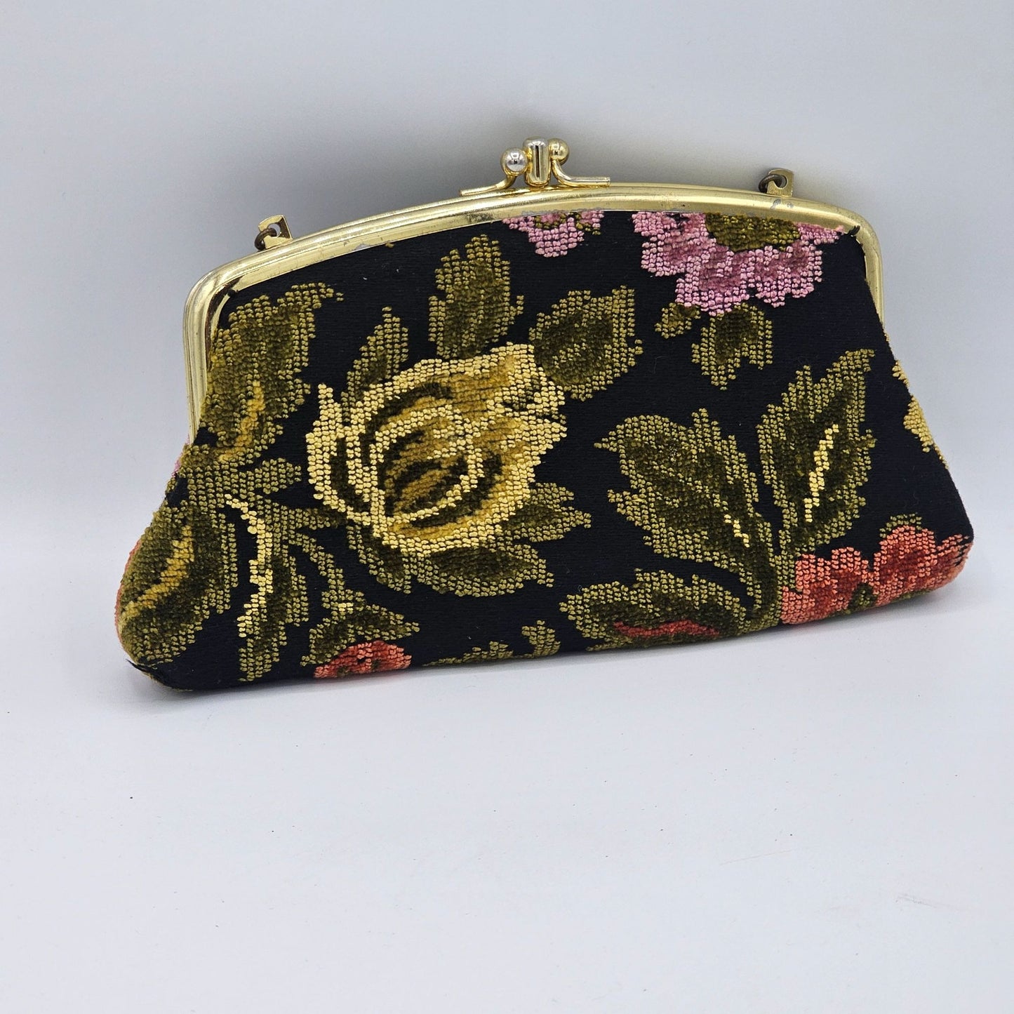 Vintage Black Embroidered Floral Tapestry Clutch Purse With Chain Strap