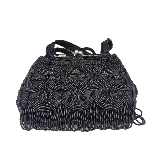 Vintage La Regale Black Beaded Clutch Purse With Fringes & Chain Strap