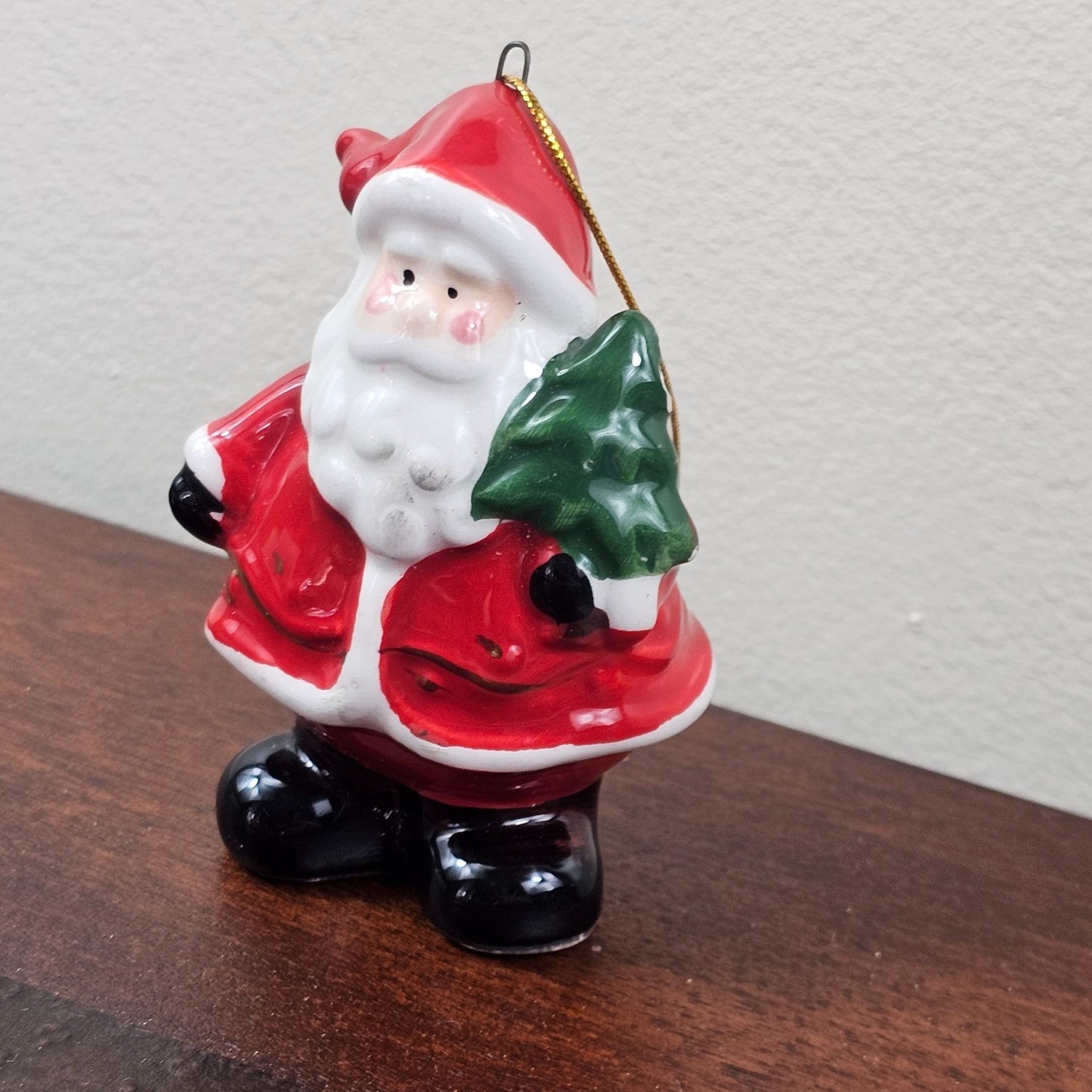 Christmas Holiday Santa Claus Ornament Painted Hollow Ceramic Vintage READ