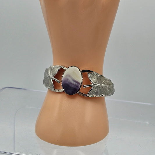 Silver-tone Hinged Purple Agate Stone Butterfly Cuff Bracelet Vintage