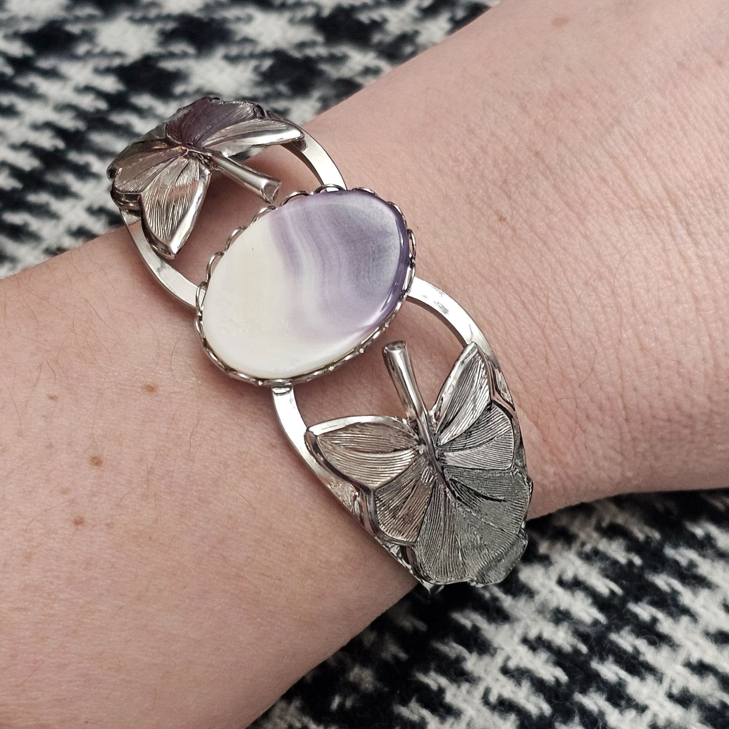 Silver-tone Hinged Purple Agate Stone Butterfly Cuff Bracelet Vintage