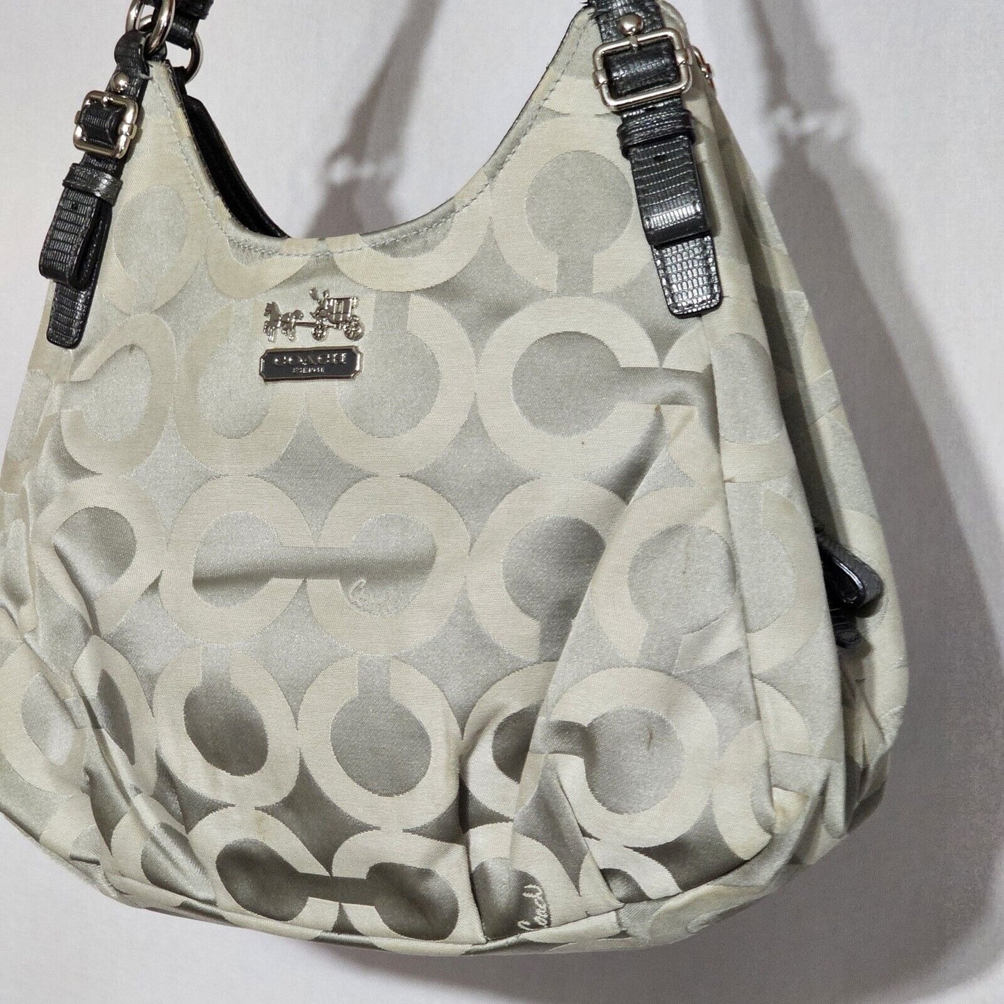 Coach Madison Art Sateen Maggie 17689 Shoulder Bag Snake Skin Straps Taupe Hobo