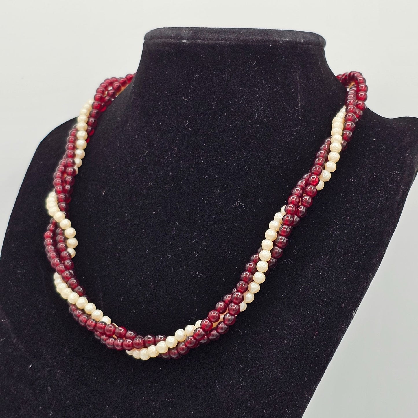 Multi-Strand Twisted Rope Faux Pearl Garnet Colored Beaded Necklace