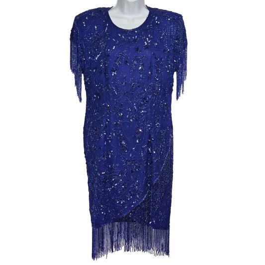 Vintage 80s Silk Fringe Beaded Sequins Royal Blue Formal Dress Flapper Size XL