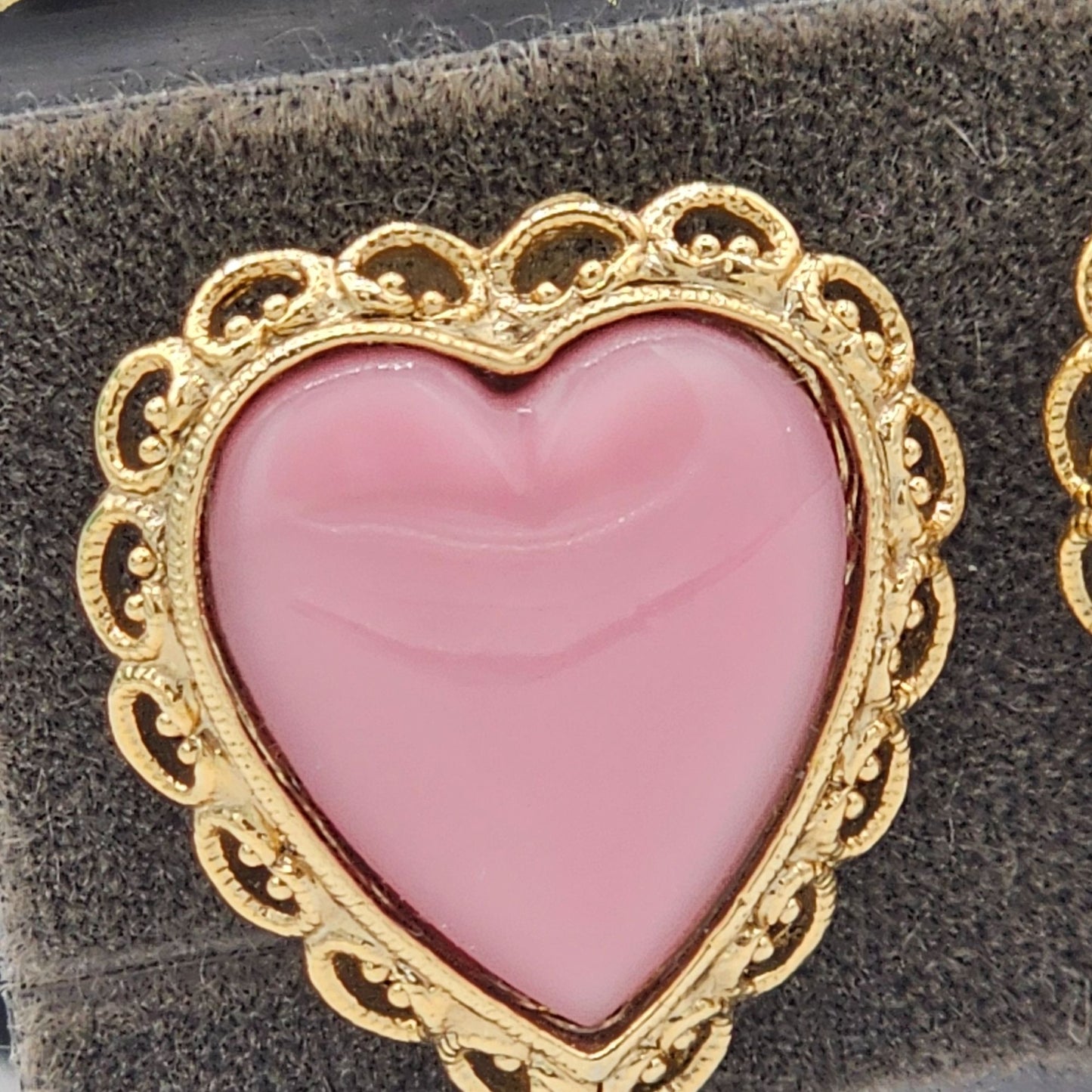 NOS Beautiful Pink Enamel Heart with Gold-tone Ornate Trim Clip-on Earrings