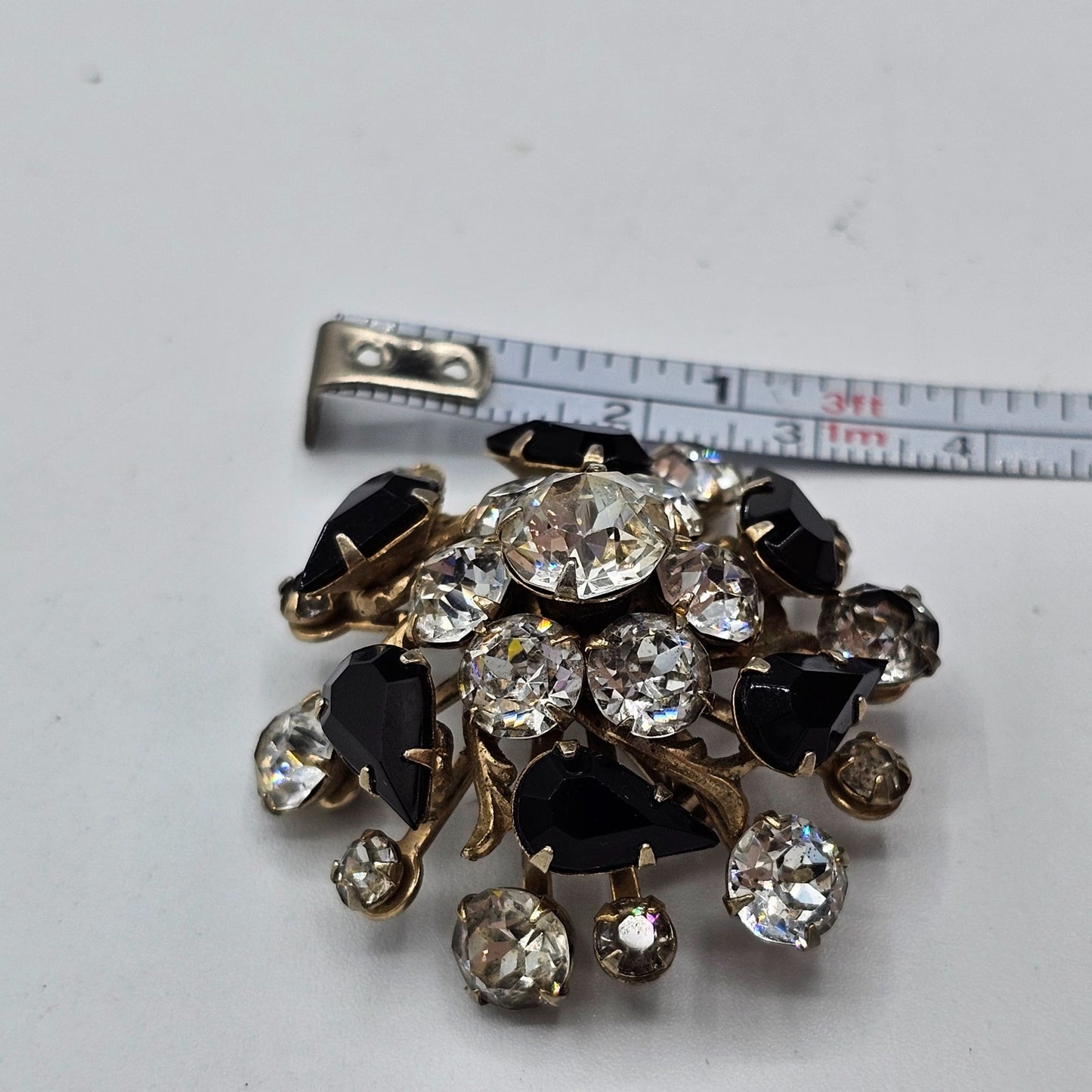 Vintage Round Clear Pear Shaped Black Rhinestone Domed Flower Brooch