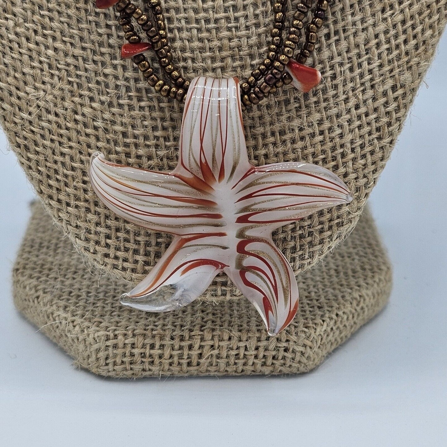 Star Flower Dichroic Necklace Faux Red Coral Beaded Multi Stranded