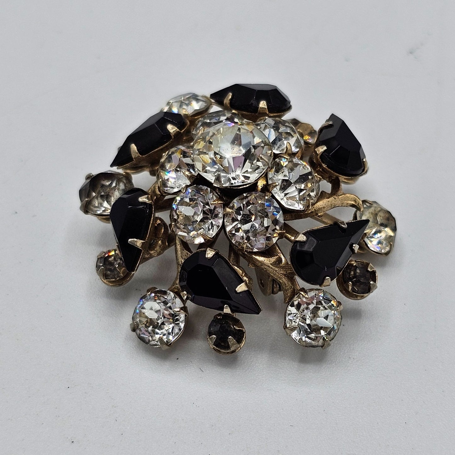 Vintage Round Clear Pear Shaped Black Rhinestone Domed Flower Brooch