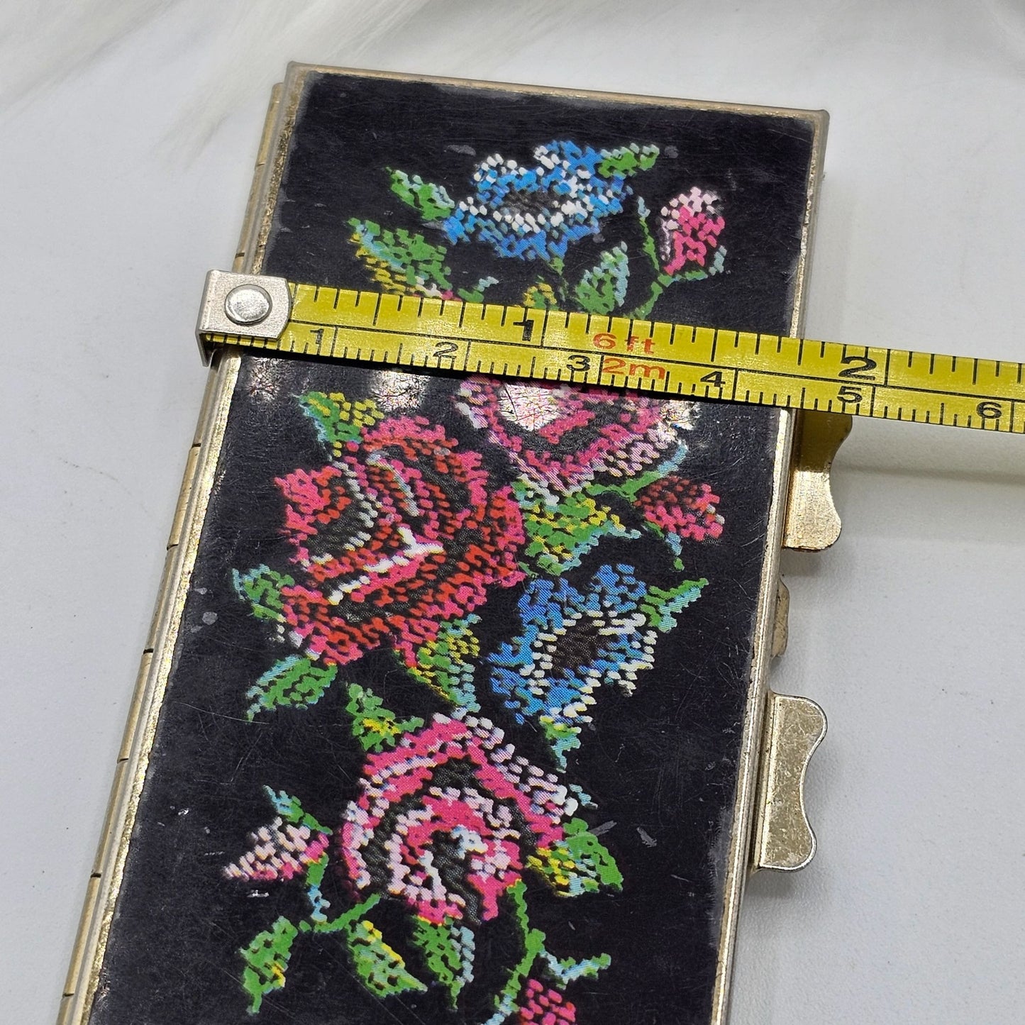 Vintage Floral Transfer Black Silver Pillbox Organizer