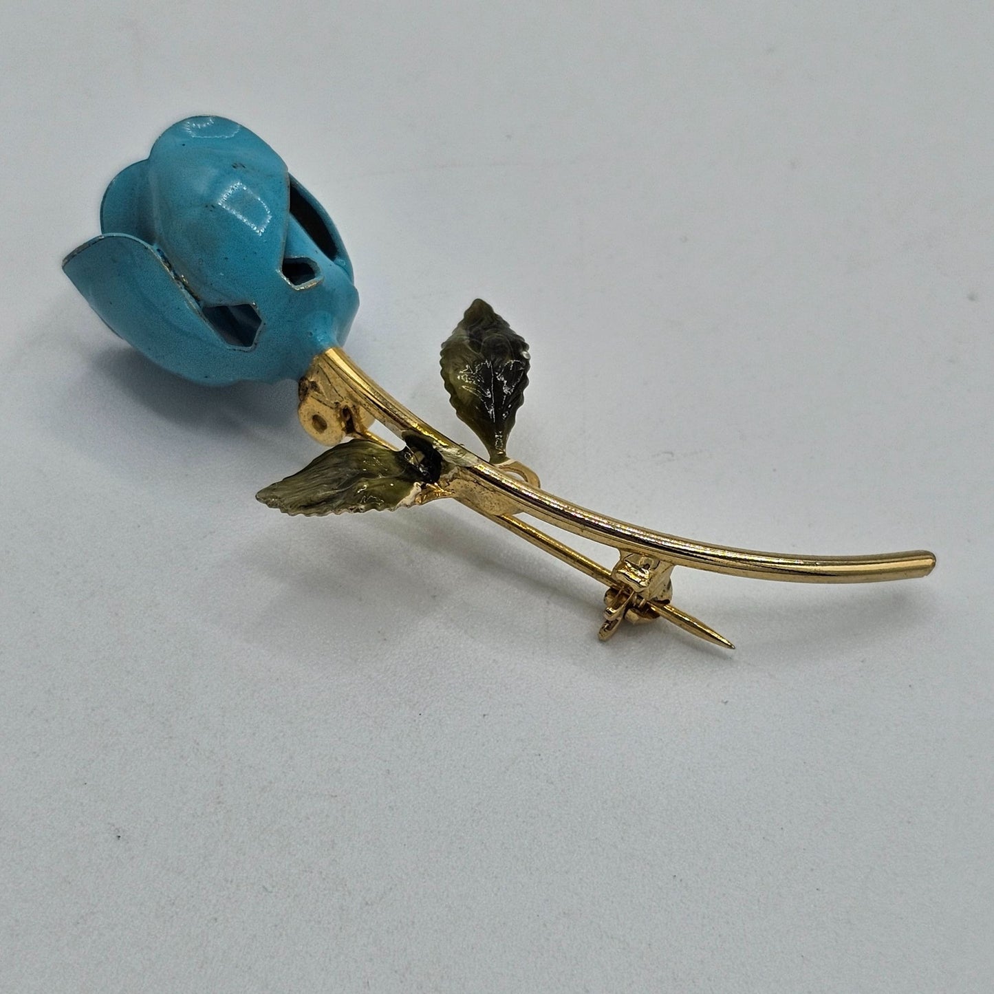 Teal Blue Enamel Gold-tone Vintage Rose Stemmed Brooch