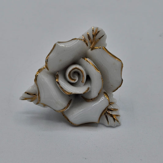 White 3D Cut Enamel Porcelain Rose Brooch Vintage Gold-tone Trim