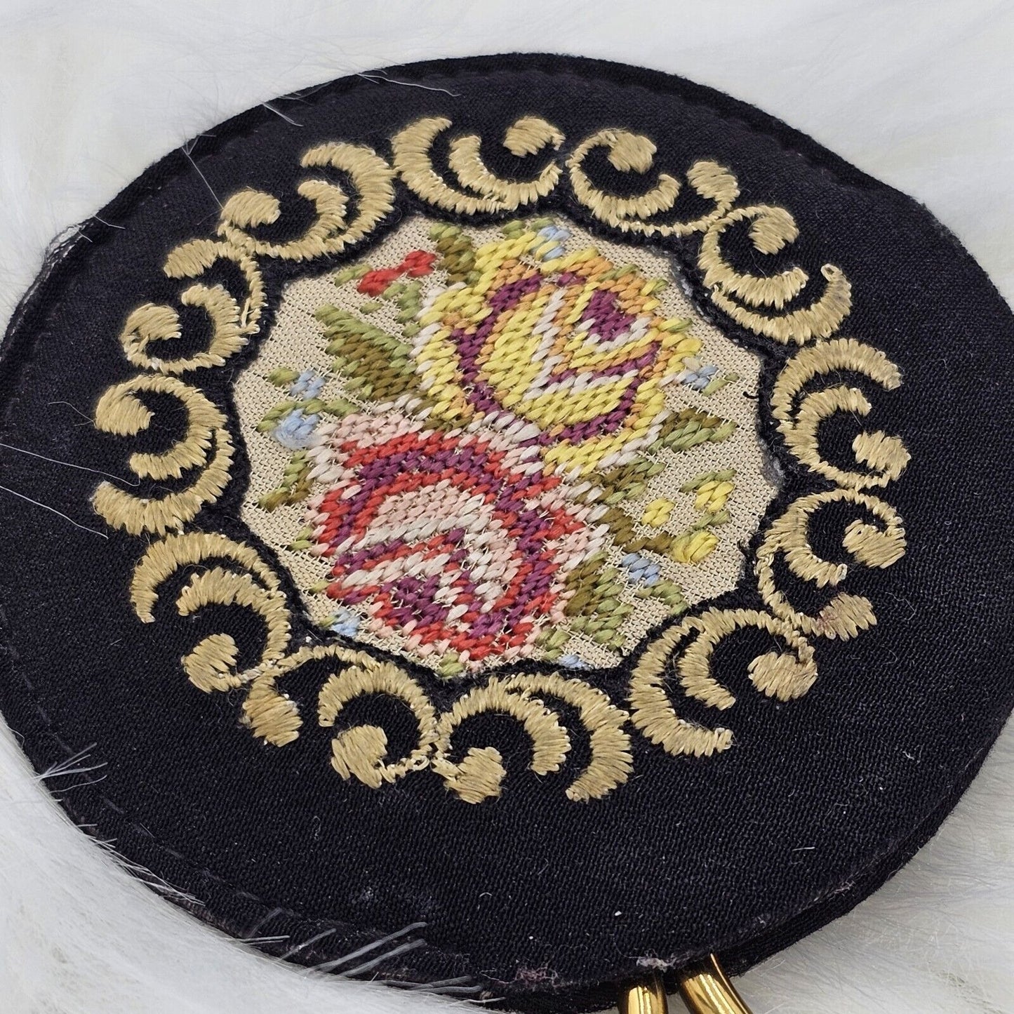 Vintage Petit Point Cover Compact Hand Mirror Embroidery Roses Goldtone Brass