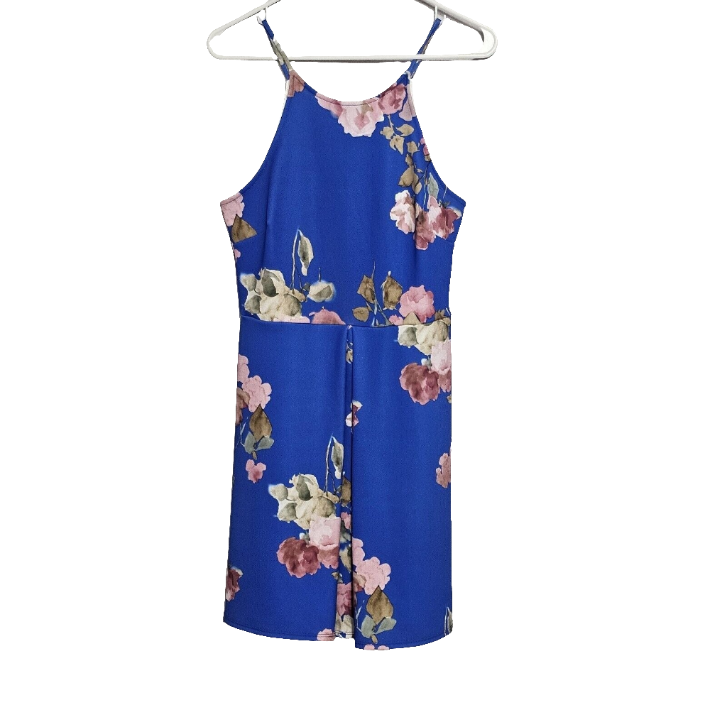 Soprano Junior's Medium Floral Blue Sleeveless Pleated Halter Short Dress