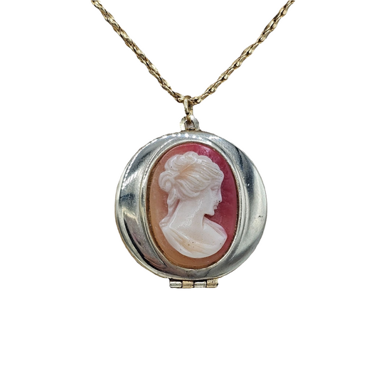 Gold-Tone Lady Right Facing Portrait Cameo Locket Necklace Chain Vintage