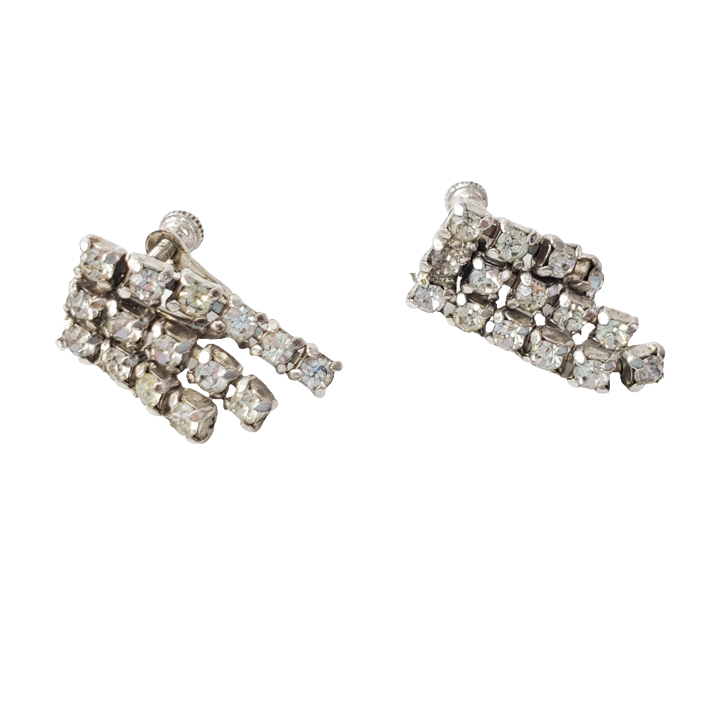 Vintage Silver-tone Rhinestone Screwback Layered Block Earrings