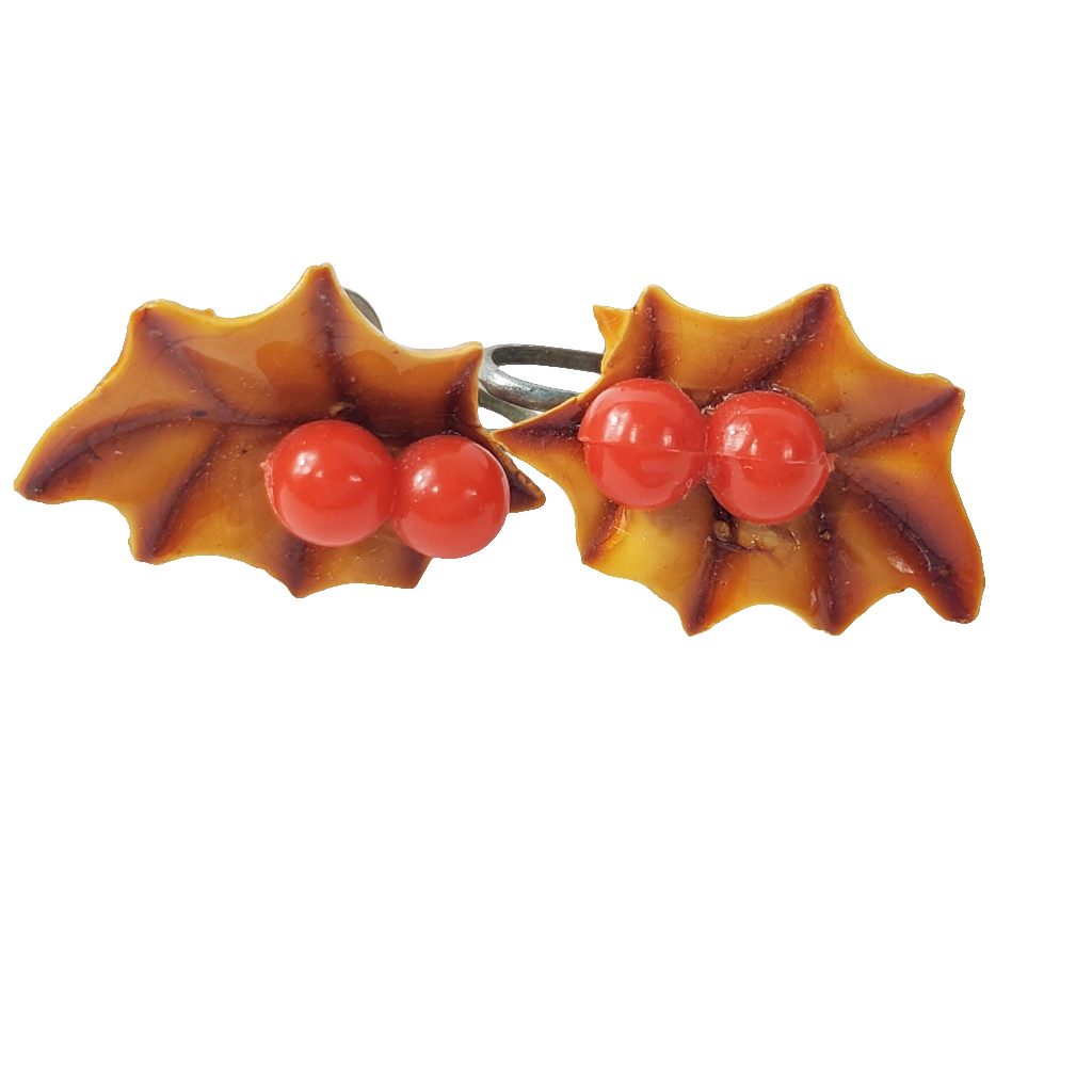 Vintage Orange Red Holly Screwback Earrings Christmas Holiday