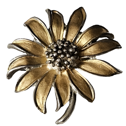 Very Pretty Brushed Gold Enamel Metal Flower Brooch