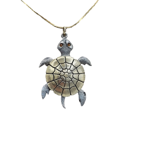 Two Tone Articulated Turtle Pendant Necklace Gold-tone Chain Vintage