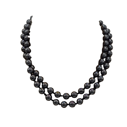 Long 32 in Strand Hematite Bead Necklace Knotted Black Natural Pullover Vintage