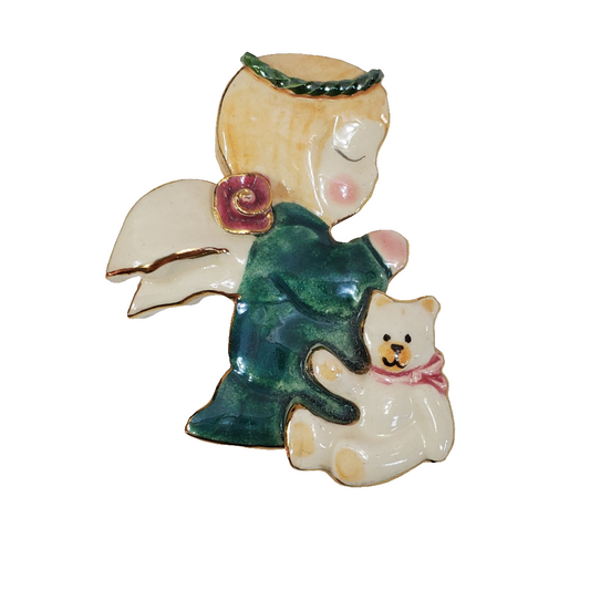 Praying Angel And Kitten Handcrafted Porcelain Brooch Vintage