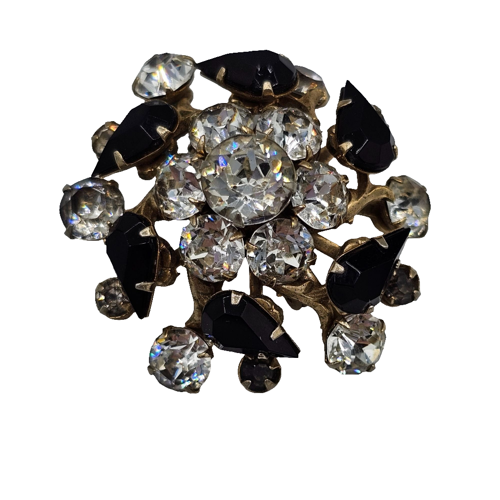 Vintage Round Clear Pear Shaped Black Rhinestone Domed Flower Brooch