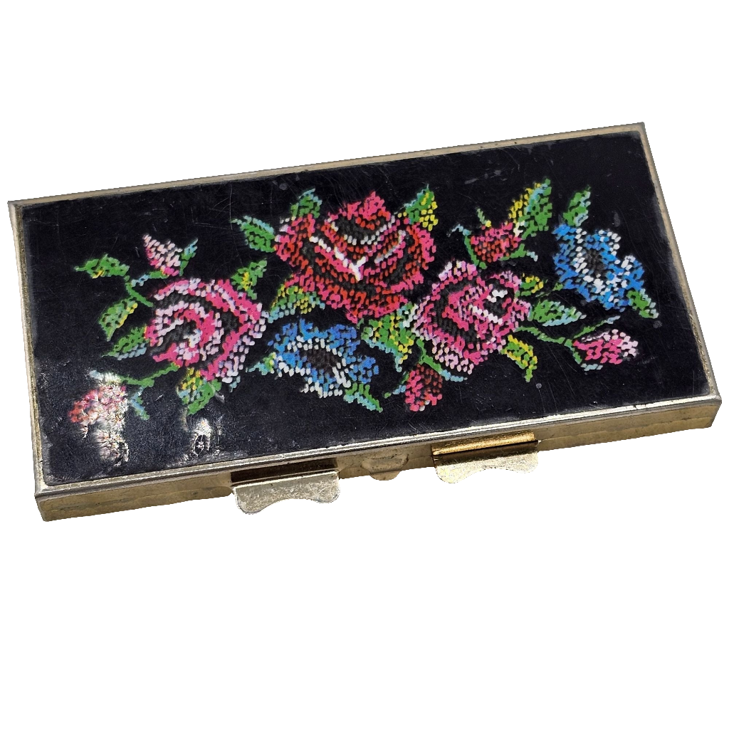 Vintage Floral Transfer Black Silver Pillbox Organizer