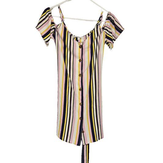 Speechless Pink, Navy, Yellow Vertical Striped Cold-shoulder Short Dress Size M