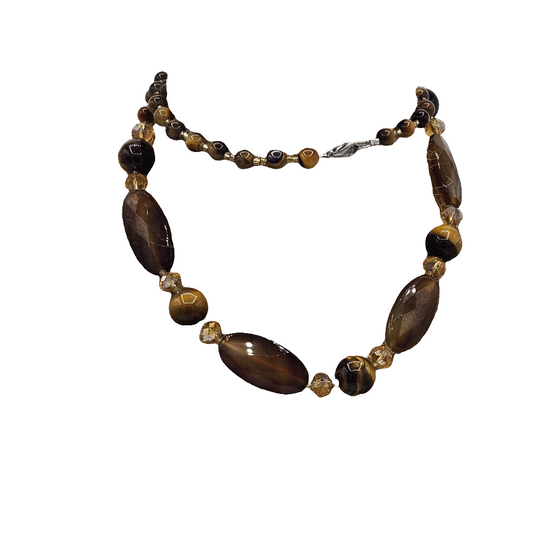 Tigers Eye Crystal Beaded Necklace Brown Amber Topaz Faceted Natural Vintage