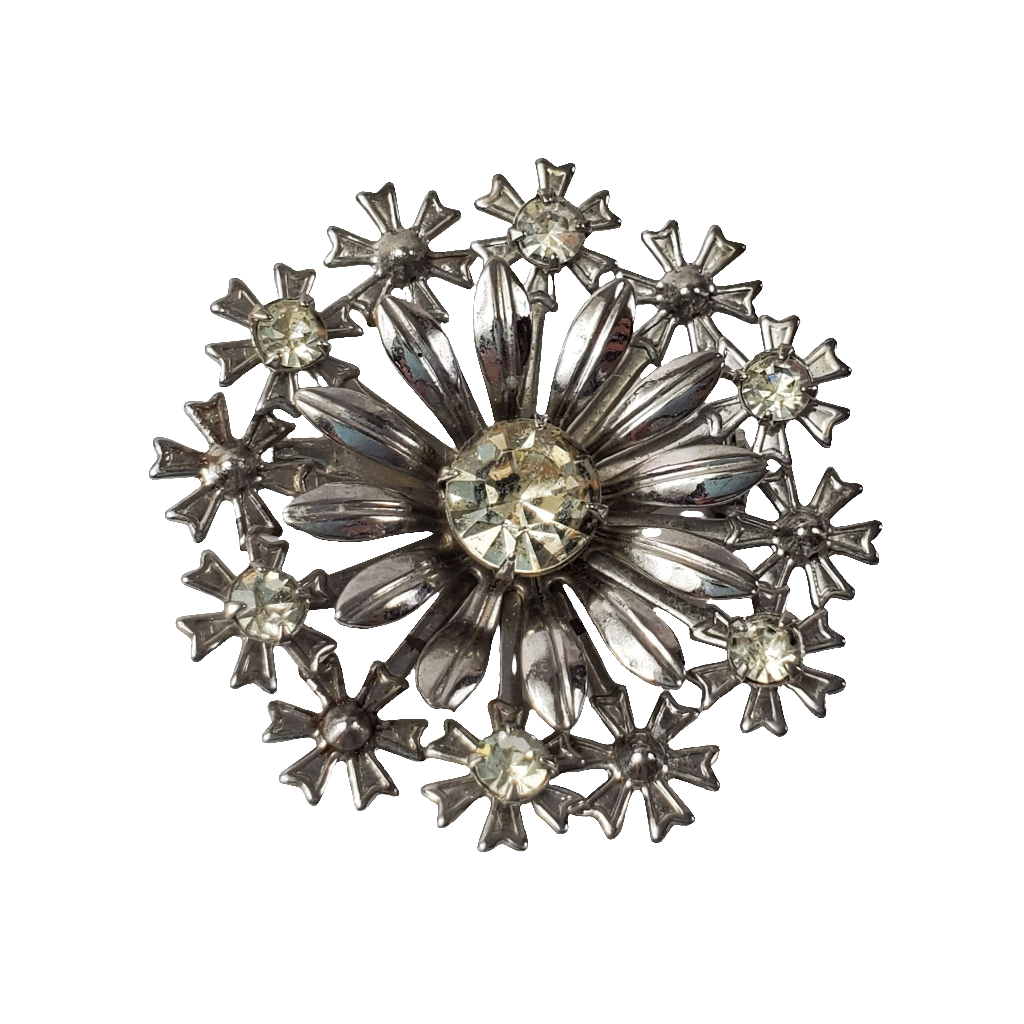 Vintage Silver-tone Rhinestone Starburst Snowflake Flower Brooch