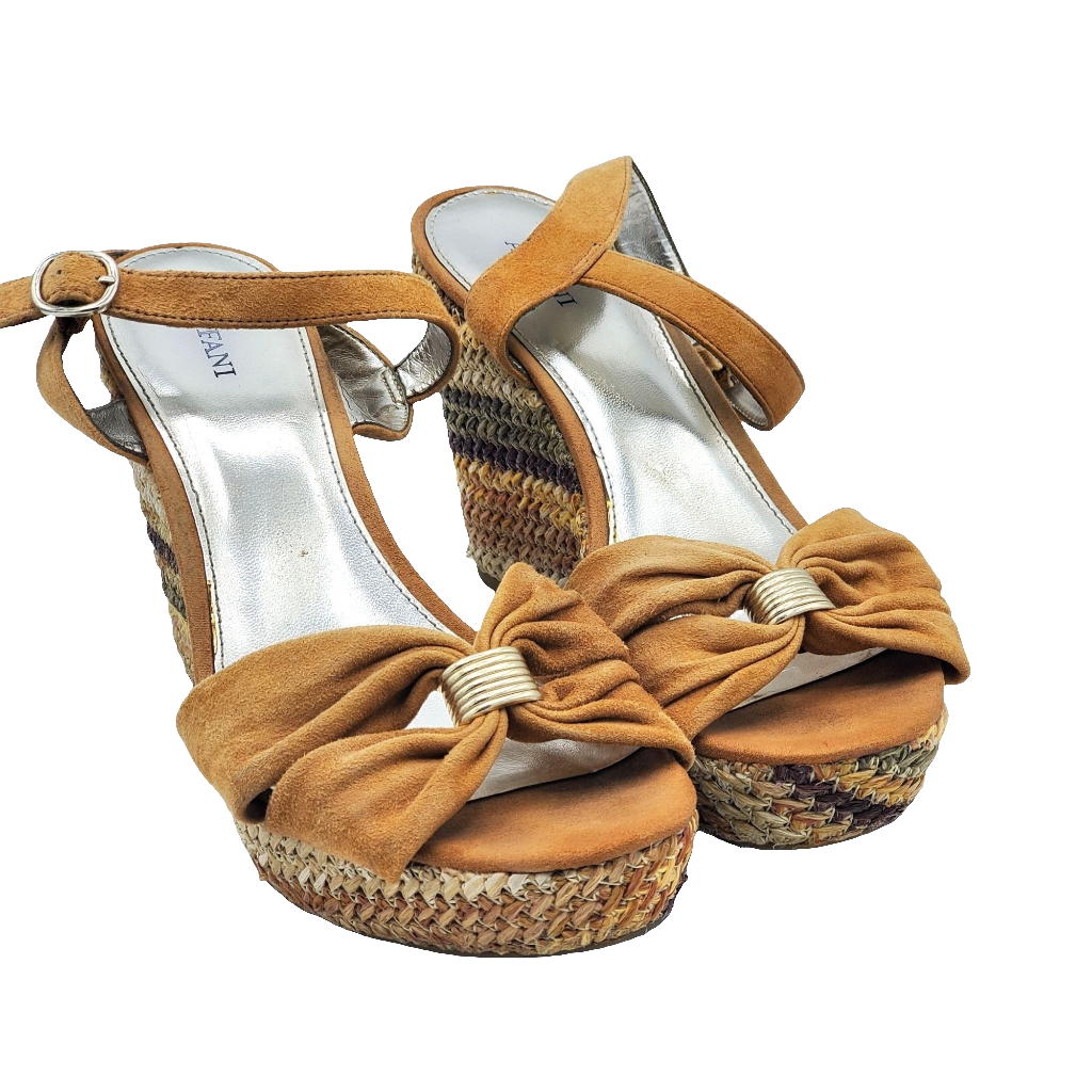 Alfani Suede Tan Peep Toe Bow Striped Wedge Sandal Size 8