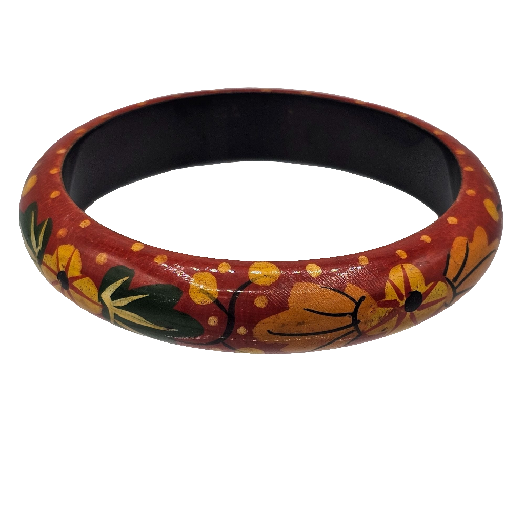 Vintage Wood Hand Painted Orange Floral Bangle Bracelet