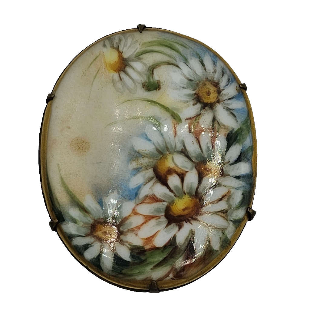 Antique Early 1900s Daisy HandPainted Cameo Like Brooch Lined in 9k Gold Plate