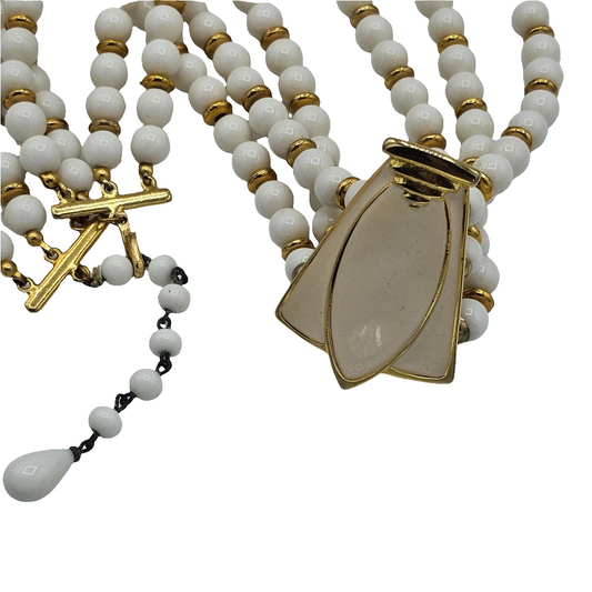 Vintage Multi-Strand White Gold Beaded Necklace Enamel Beige Statement Pendant