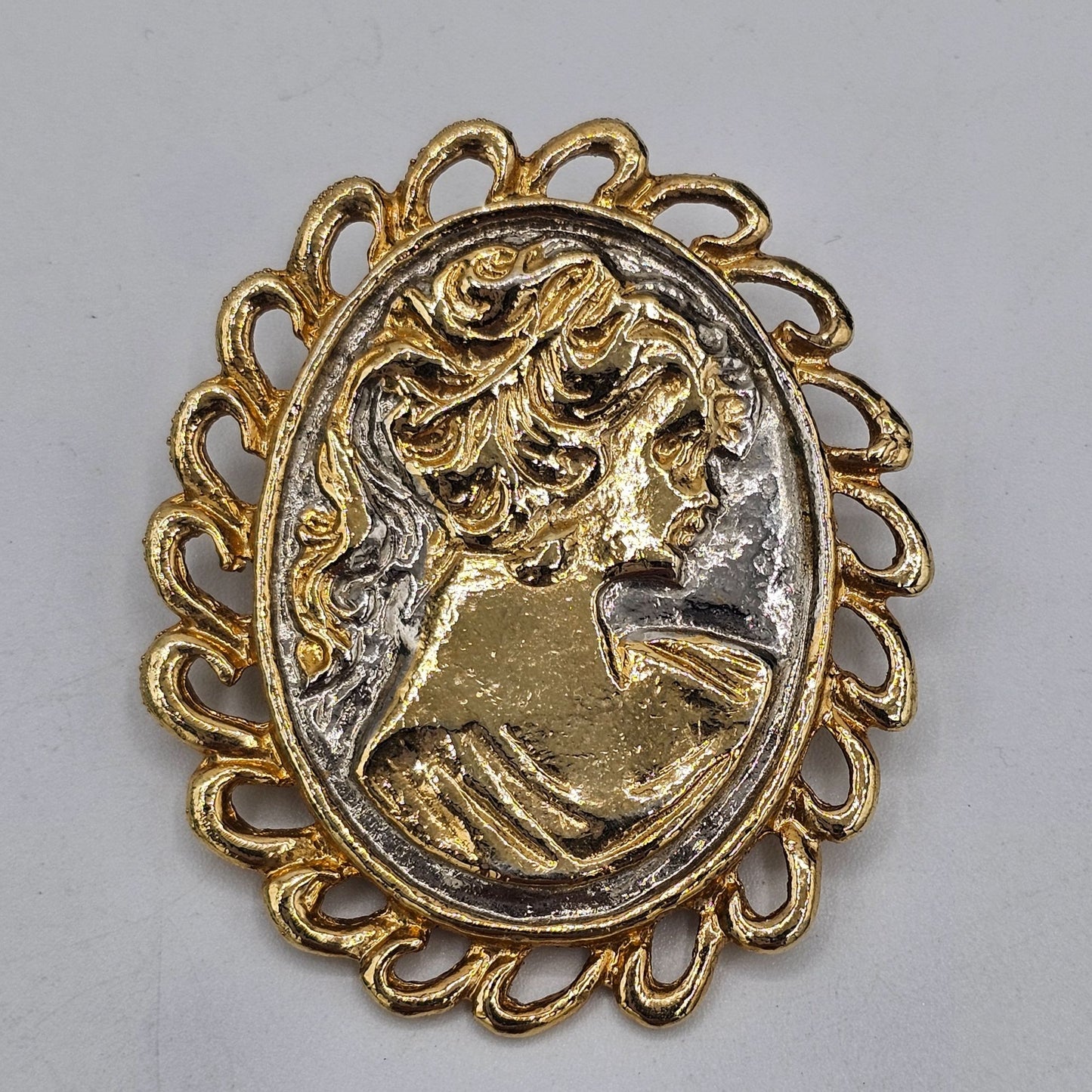 Vintage Gold & Silver-Tone Cameo Brooch Pin