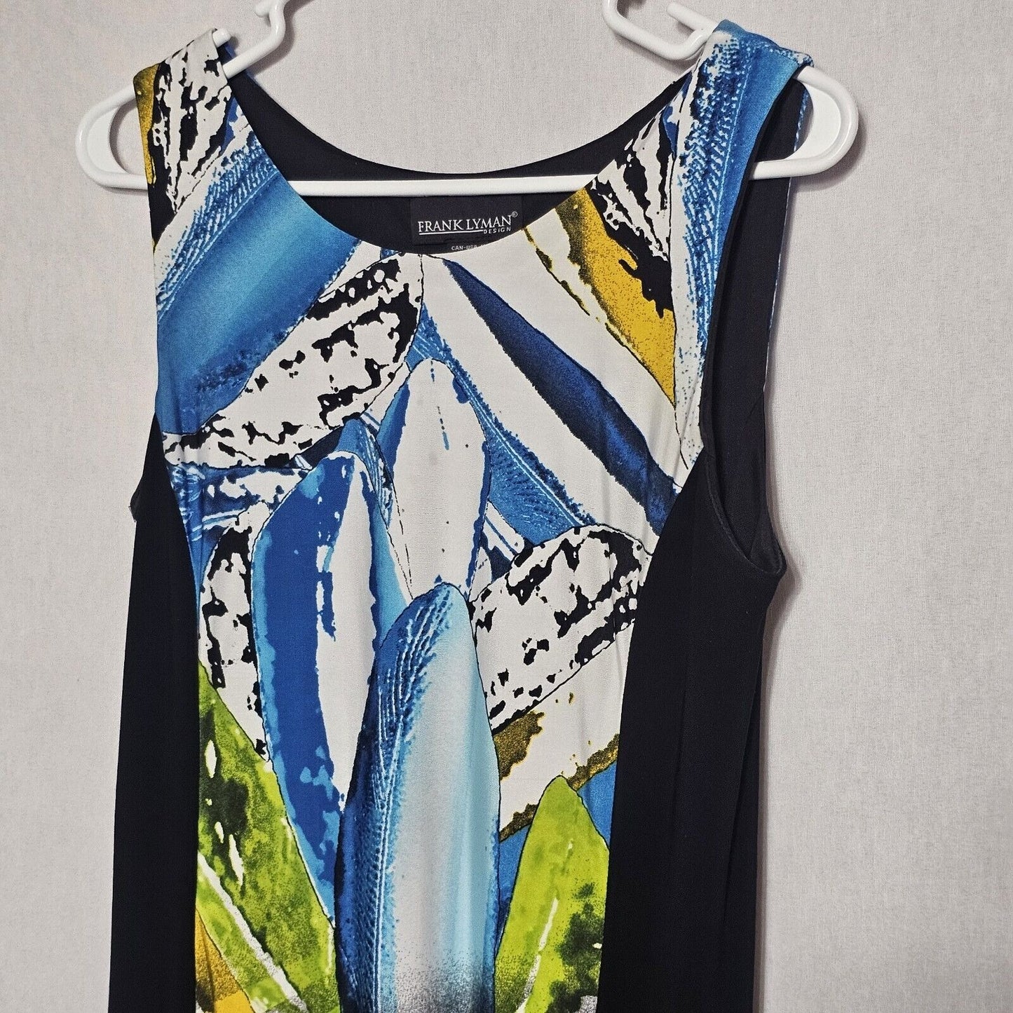 Frank Lyman Bodycon Abstract Dress Size 10 Lined Black Blue White Sleeveless