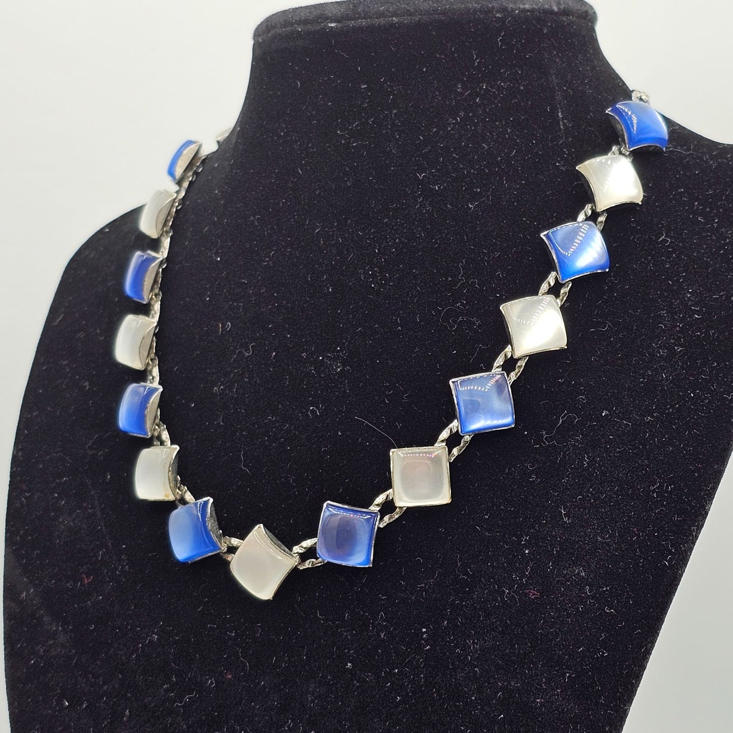 Blue Silver Lucite Squares Thermoset Link Silver-tone Chain Vintage