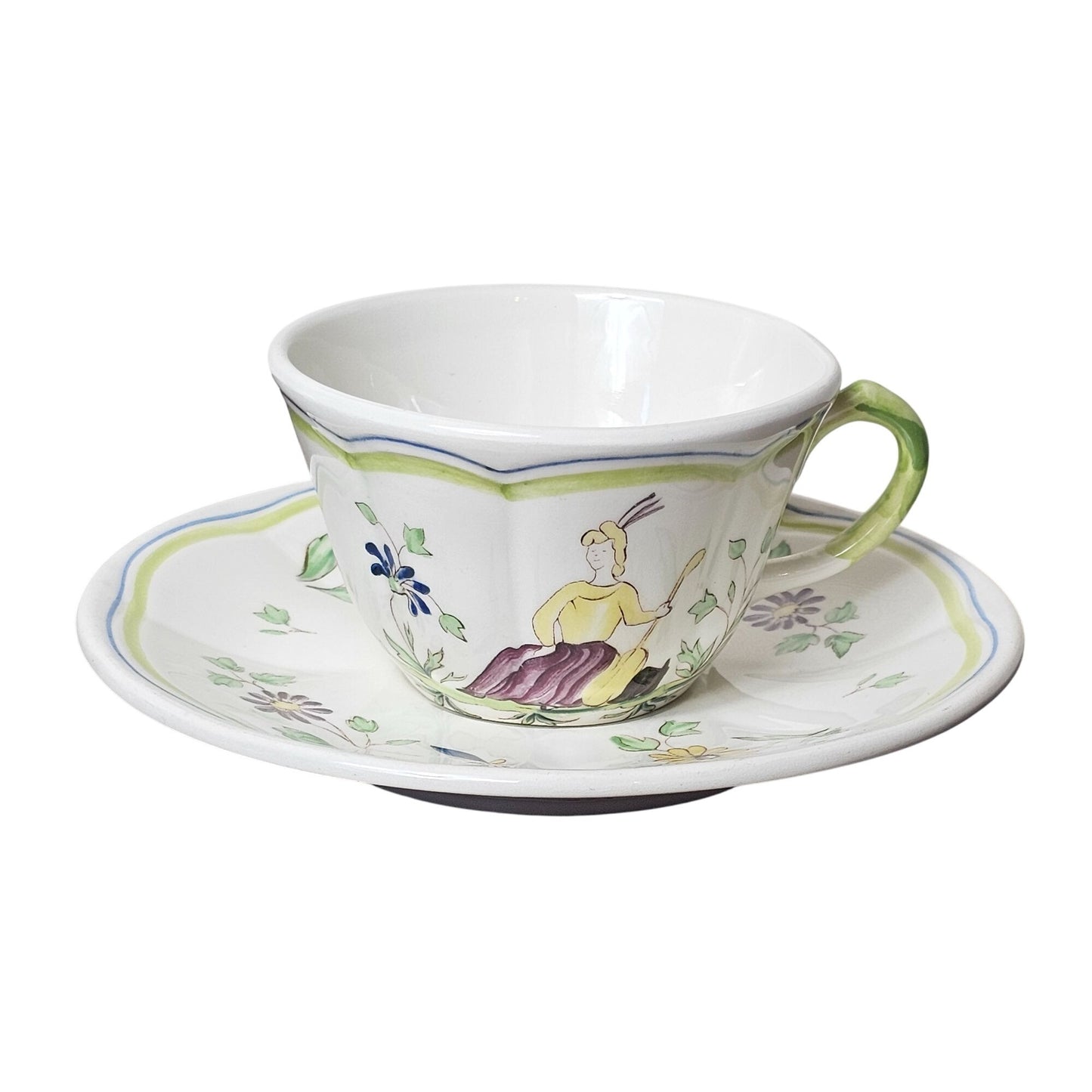 Longchamp France Vintage Hand-Painted Garden Ceramic Tea Cup Saucer Set